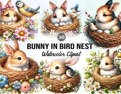Bunny in Bird Nest Watercolor Clipart