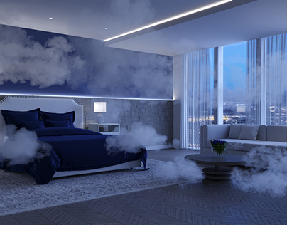 Hotel room with clouds