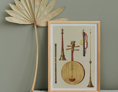 Chromolithograph of traditional musical instruments