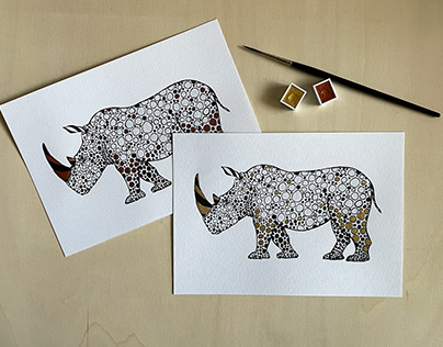 Rhinoceros liner drawing with golden and copper drawing