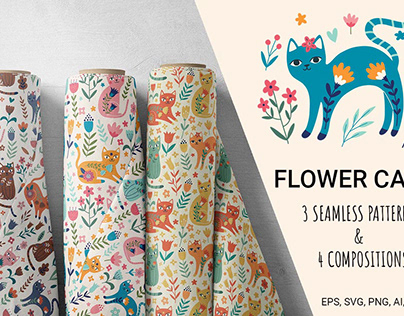 Flower cats patterns and illustrations