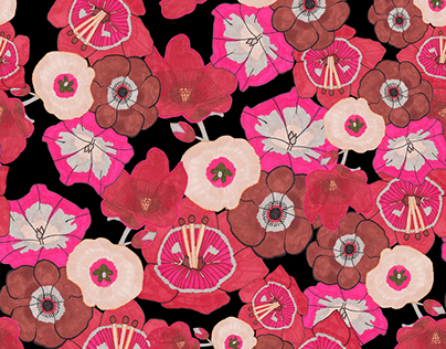 Hand Drawn Pink Red and Brown Floral