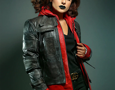 WOMENS RED HOODED LEATHER JACKET