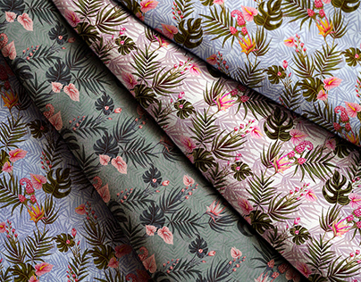 Seamless patterns with tropical leaves and flowers