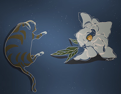 flower and sleeping cat