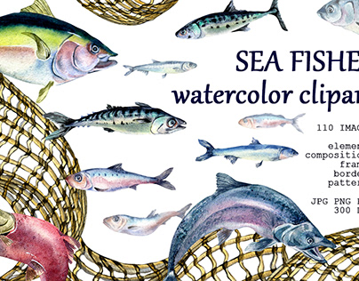 Sea fishes watercolor illustration clipart