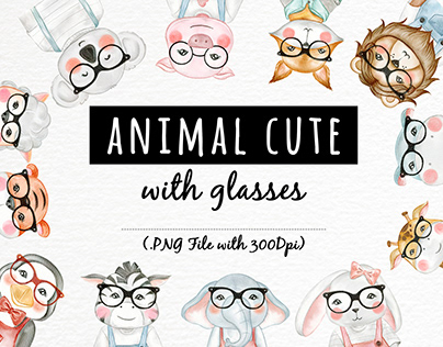 set of cute animal with glasses watercolor illustration