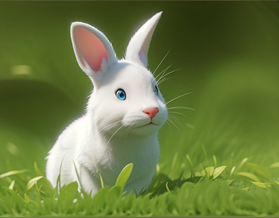 photo funny little white rabbit on spring green grass