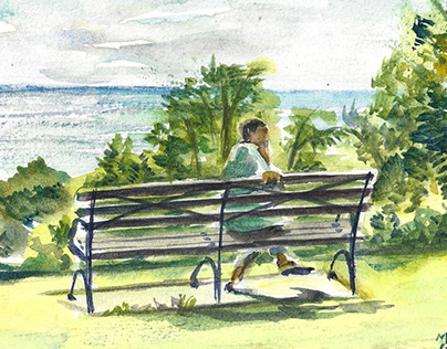 Sitting on a bench. Lakefront. MKE. Watercolor painting