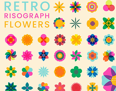Retro Risograph Style Flowers Floral Elements