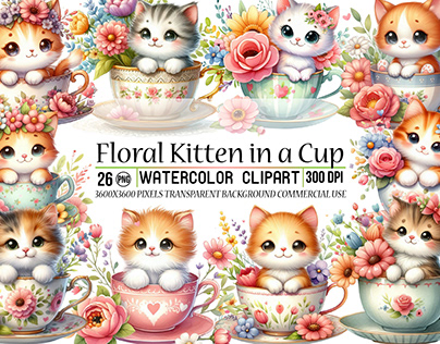 Floral Kitten In A Cup Clipart Bundle