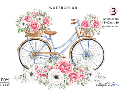Bicycle with pink roses, Watercolor bike Flowers