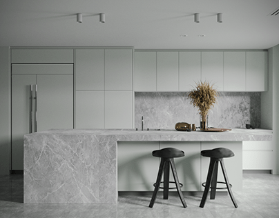 3D-Visualization of the kitchen in white tones