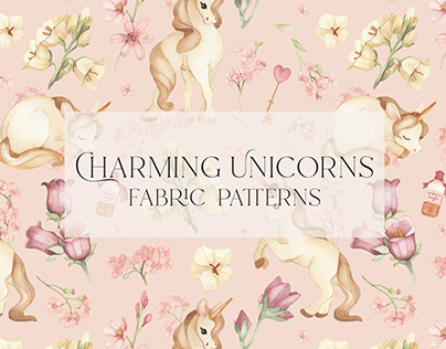 Charming Unicorns. Watercolor fabric seamless pattern.