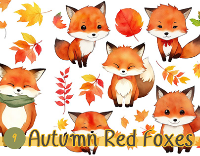 Watercolor Cliparts : Red fox in Autumn