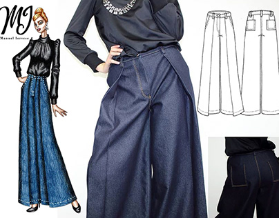 Wide leg denim trousers from sketch to creation