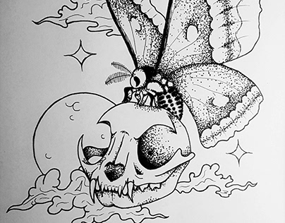 Tattoo design with moth an cat skull