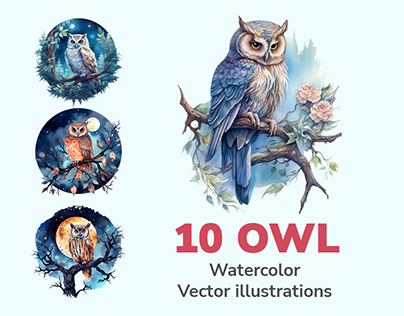 10 Watercolor Owl Vector Illustration.