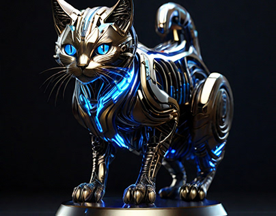 A metallic, futuristic cat with glowing blue eyes,
