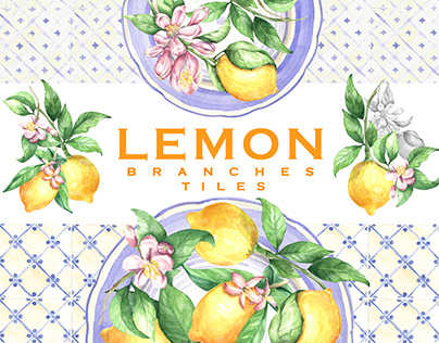 Watercolor lemon branches & tiles clipart