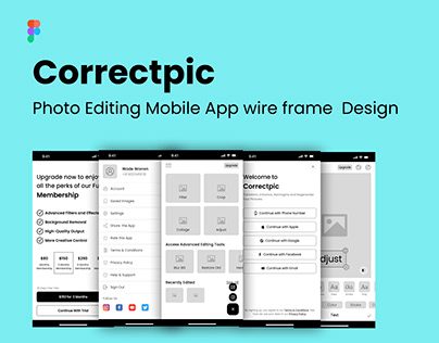 Correctpic photo editing mobile app wire framing design