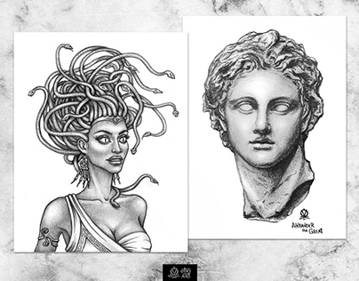 Alexander the Great statue and Medusa illustrations