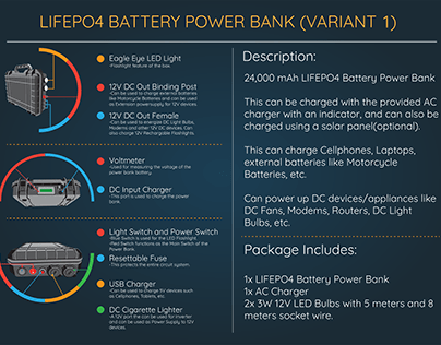 Solar Powered LifePo4 Battery Power Bank (Black)