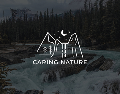 Caring Nature Waterfall mountain line art logo design.