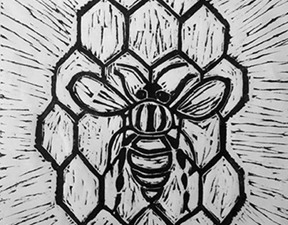Queen bee blockprint linocut skaliotisart