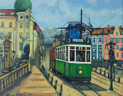 Retro tram on the bridge
