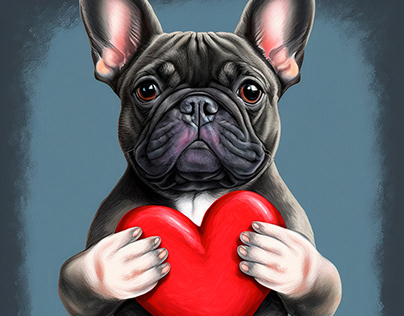 French bulldog with a heart in his hands