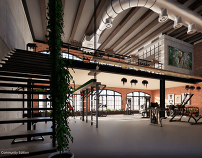 Gym in loft style, using landscaping