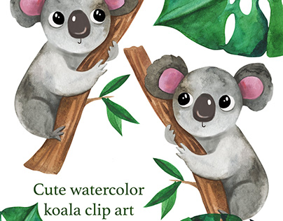 Cute watercolor hand drawn koala nursery clip art
