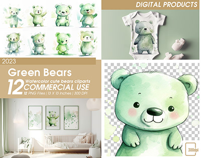 Cute Watercolor Little Green Teddybears Images Set