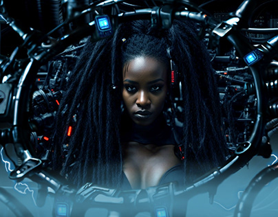 Terminal Futurista com Mulheres Negras Cyberpunk