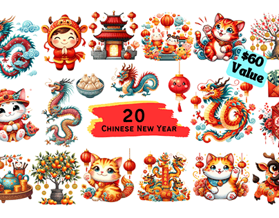 Chinese New Year Dragon Bundle - 20 PNG - 4000x4000px