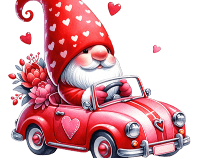 Valentines' gnome in a vehicles ride
