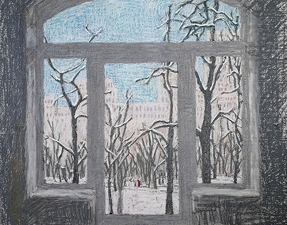 Зимний пейзаж через окно, масляная пастель