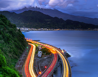 awesome blue hour fuji mountain with lightpaint