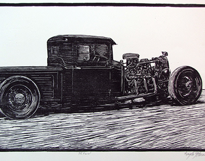 Hot Rods from Austin Texas done with woodblock printing