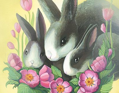 rabbits in pink flowers