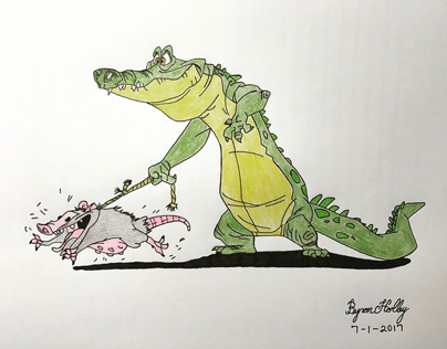 Alligator Walking It’s Pet Possum Illustration