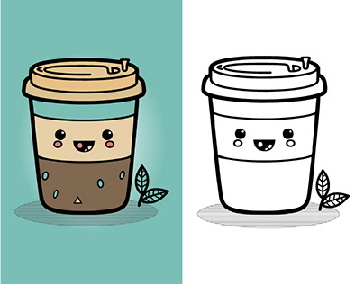 Coffee Cup Logo, Cute Coffee Cup Cartoon line art