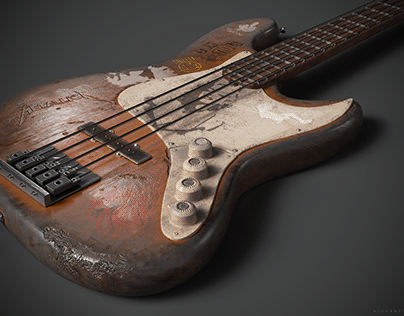 The rocker's worn bass guitar ///