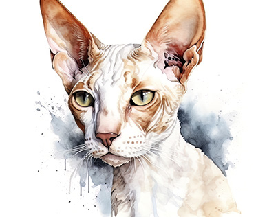 Cornish Rex Cat Portrait Watercolor Painting