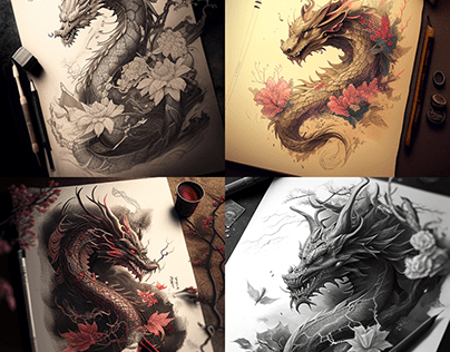 Sketches. Japanes tatoo with dragon