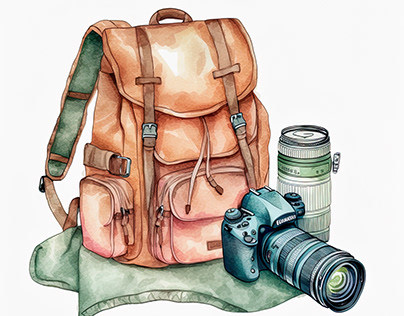 Watercolor camping backpack with mat and camera