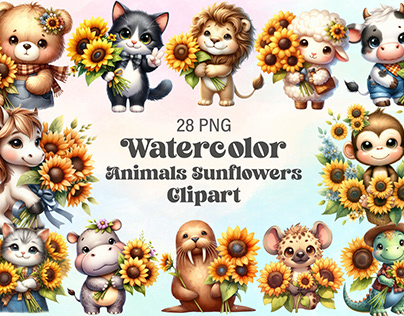 Watercolor Animals Sunflowers Clipart
