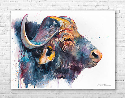 African buffalo watercolor by Slaveika Aladjova
