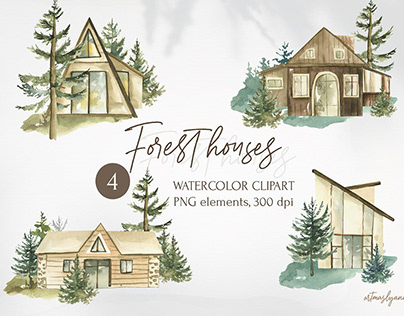 Watercolor Forest clipart. Houses png collection.